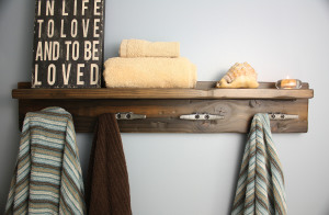 Coat rack with shelf and antiqued boat cleat hooks by Blissopia.