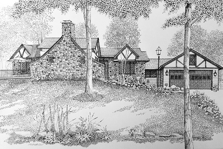 Pen and ink  house & street scenes.  Photo Credit: Artist Bruce Young