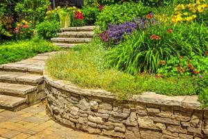 retaining wall with steps and flowers