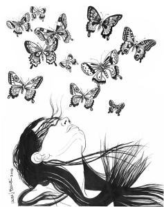 Drawing created by Laura Bolle of a woman looking up with 11 butterflies of different sizes