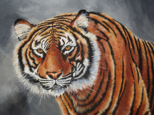Painting by Laura Bolle of a tiger with a grey and white background