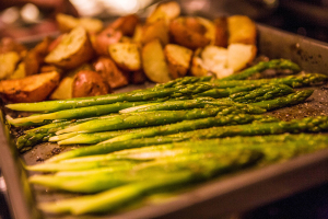 Asparagus and potatoes on a sheet pan