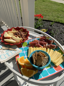 A few munchies on a tray for happy hour social distancing on the porch.